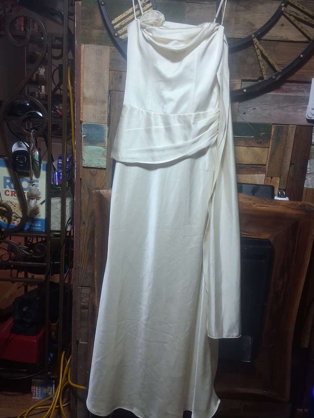 Strapless Cream Evening Gown with Draped Overlay